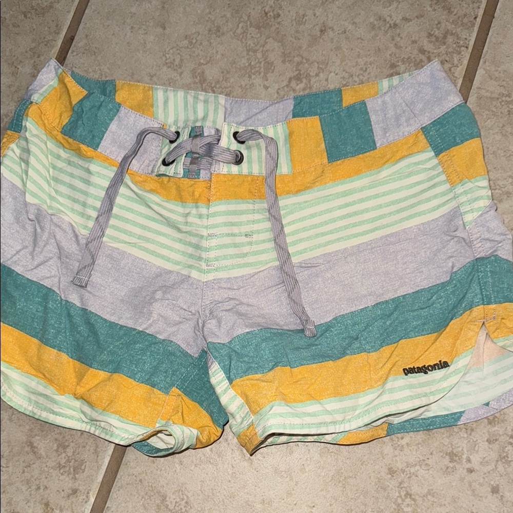 Patagonia Women's Athletic Shorts - Green, Yellow, Gray Stripes